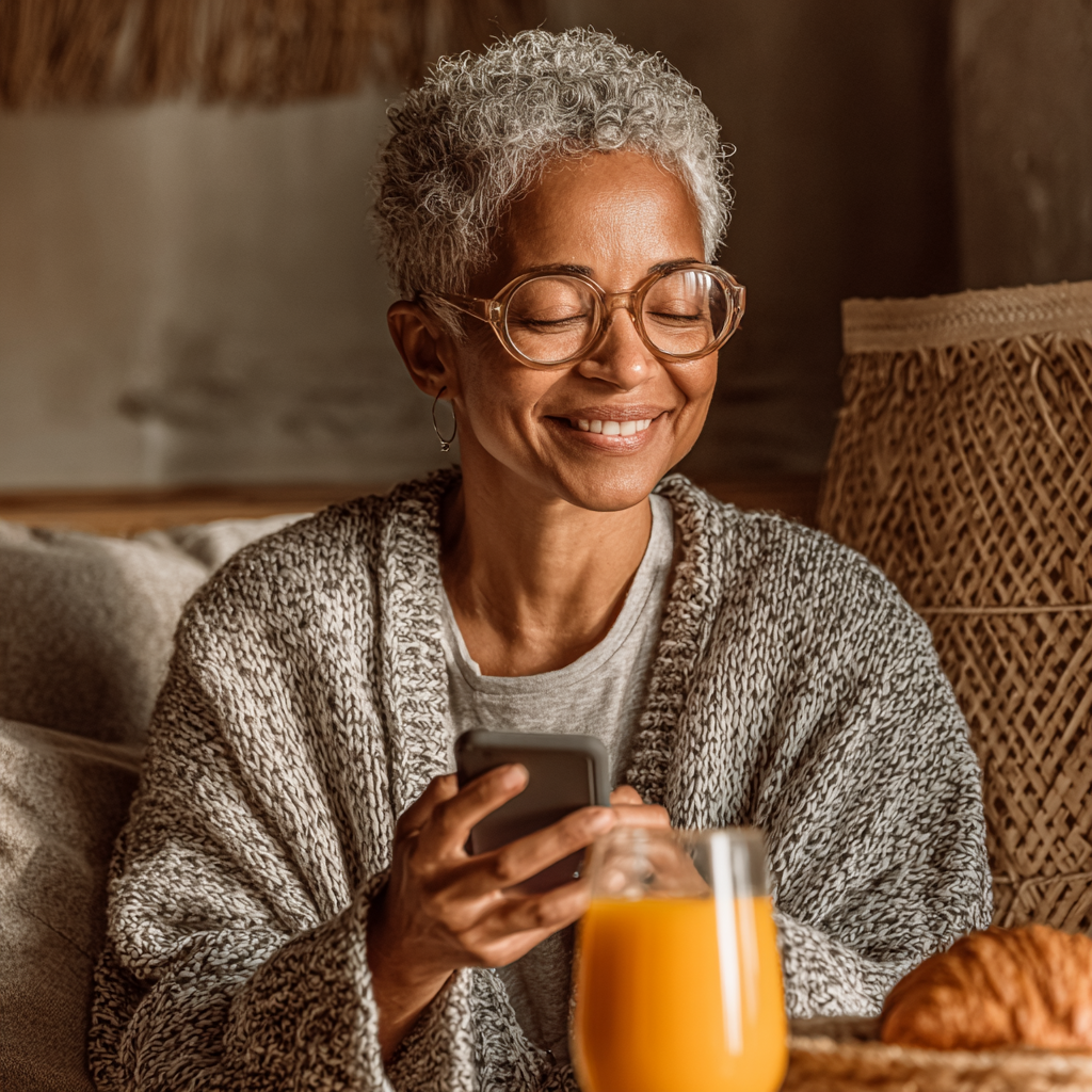Mujer de 52 años revisando su progreso nutricional en su teléfono móvil, sonriendo con satisfacción en su sala de estar