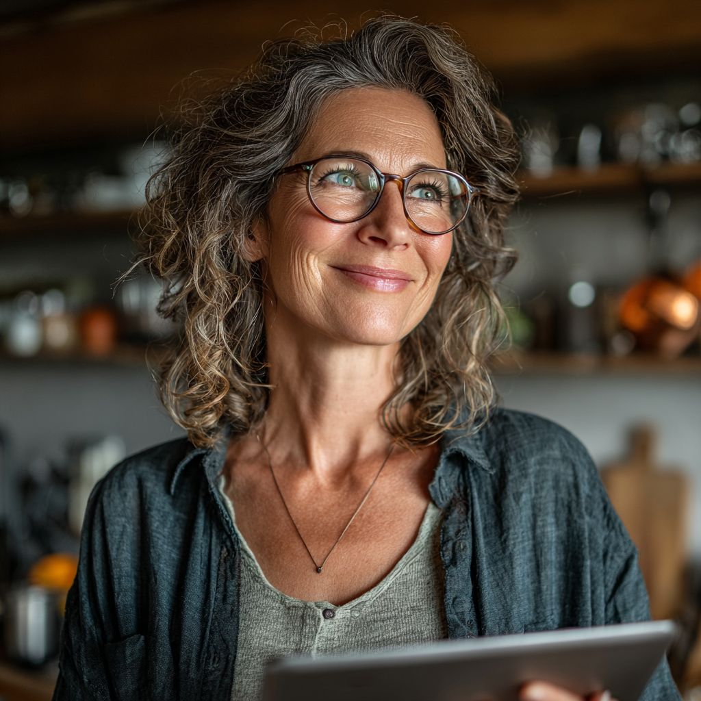 Mujer de 55 años revisando su plan alimentario personalizado en tablet, sonriendo con satisfacción en su cocina moderna