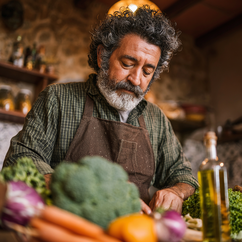 Hombre de 58 años en cocina preparando comida saludable siguiendo su plan nutricional, con expresión concentrada y satisfecha