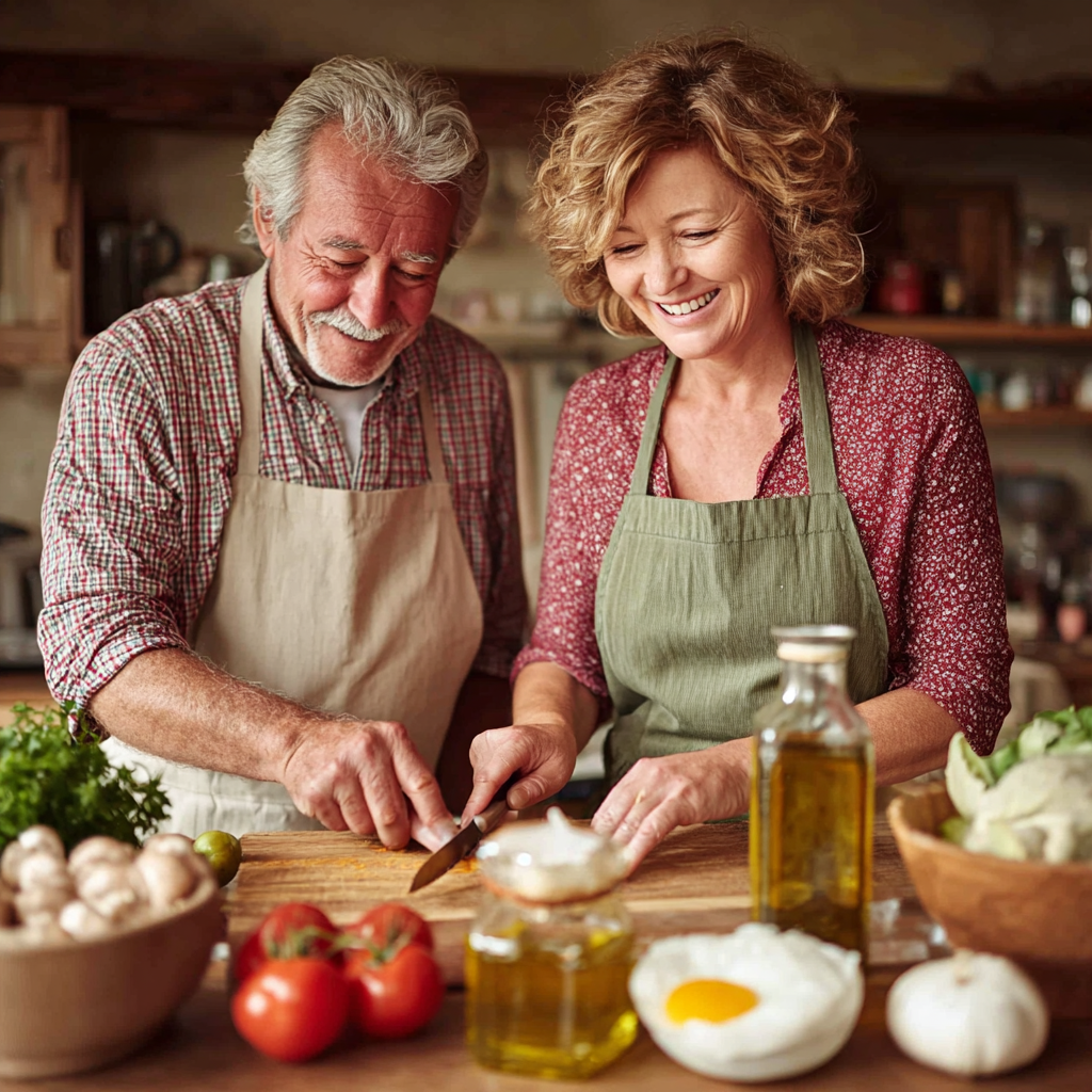 Pareja de 60 años cocinando juntos siguiendo recetas de jorkavelid, sonriendo mientras preparan una comida saludable en su cocina